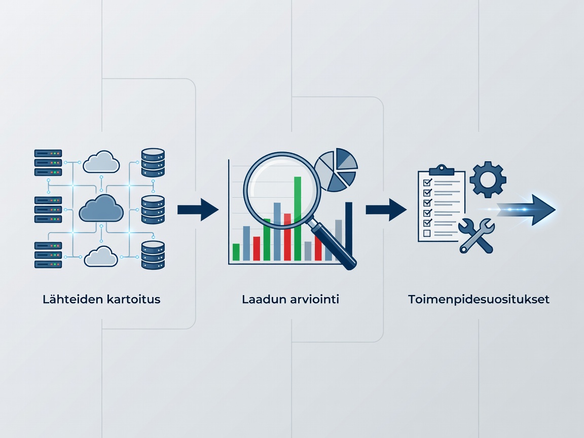 Data-analyysin prosessikaavio: Lähteiden kartoitus, laadun arviointi ja toimenpidesuositukset